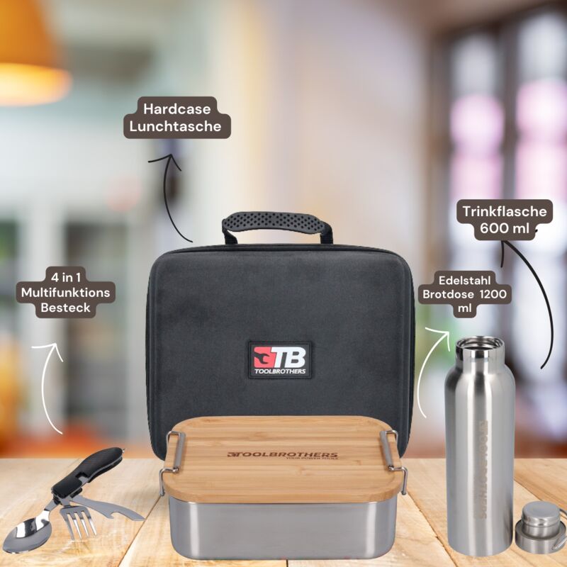 Image of Fan lunch box con borsa impermeabile in acciaio inox con coperchio in bambù 1200 ml + borraccia in acciaio inox 600 ml + posate multifunzione 4 in 1