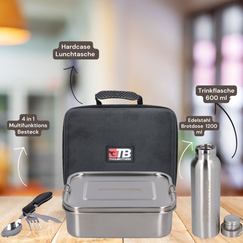 Image of Fan lunch box in custodia rigida impermeabile in acciaio inox con scomparti divisori e coperchio in acciaio inox da 1200 ml + borraccia in acciaio