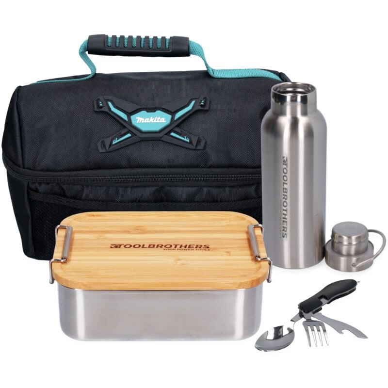 Toolbrothers Fan Lunch Set dans un sac isotherme Makita avec boîte à pain en inox avec couvercle en bambou 1200 ml + Gourde en inox 500 ml + Couvert