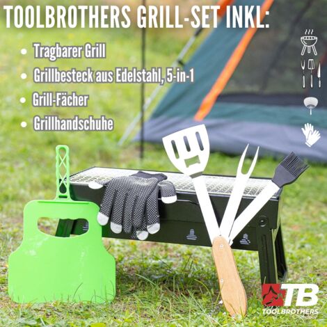 Toolbrothers Outdoor tragbarer Holzkohle Grill Set für Camping werkzeuglose Montage 43 x 29 x 23 cm schwarz + Grillbesteck, Grillhandschuhe & Grillfächer 8 tlg