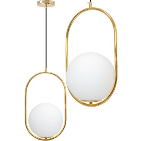 Toolight – Lampe suspendue en verre balle blanche et or – E27 – Dimensions réglables 24,5x24,5x41-101cm – Élégance moderne pour intérieur