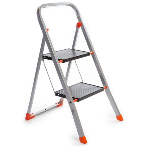 Toolland Escabeau 2 marches pliant avec barre de sécurité, échelle domestique légère en métal avec revêtement époxy, marches antidérapantes 20x30 cm, charge 150 kg, EN 14183