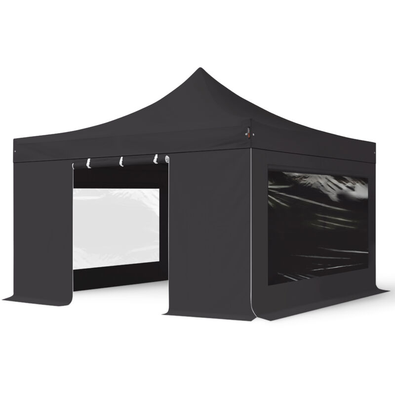 Toolport 4x4m Pvc 800 Pop Up Gazebo Party Tent Premium Steel 40 Mm, Incl. Sidewalls With Panorama Windows, Fire Resistant, Black