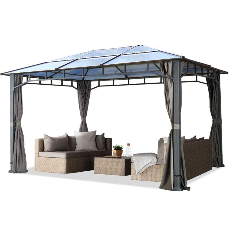 Intent24 Toolport Alu Deluxe Garden Gazebo 3x4 M Waterproof Approx. 8 Mm Polycarbonate Roof Pavilion 4 Side Walls/panels Party Tent Grey