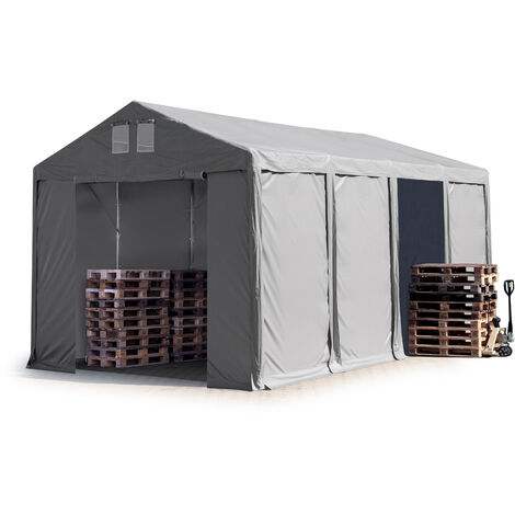 TOOLPORT Carpa almacén 4x8 m carpa industrial 3m de altura lateral PVC 850 N gris 100% impermeable puerta con cremallera