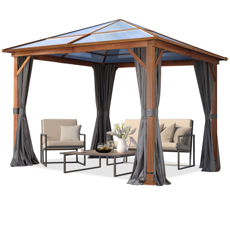 Toolport Garden Gazebo 3x3 M Hardtop Polycarbonate Roof, Wood Finish, 4 Side Panels In Grey