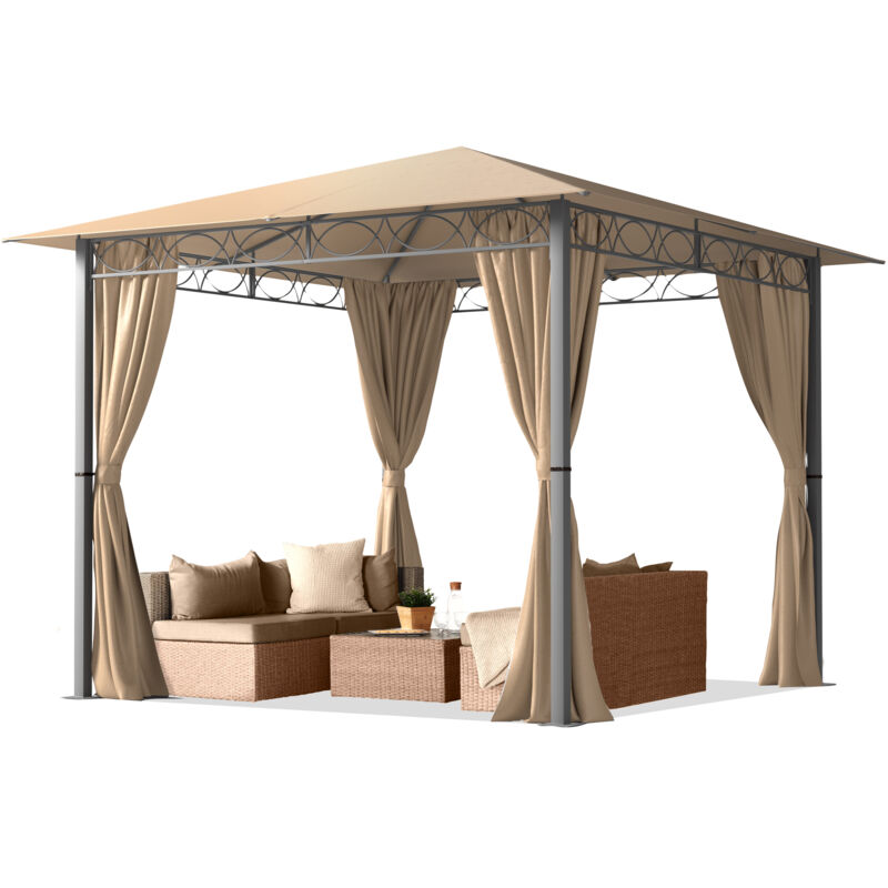 Carpasol Toolport Garden Gazebo 3x3 M Approx. 220 G/m² Strong Polyester Fabric - Pavilion With 4 Curtains In Cappuccino
