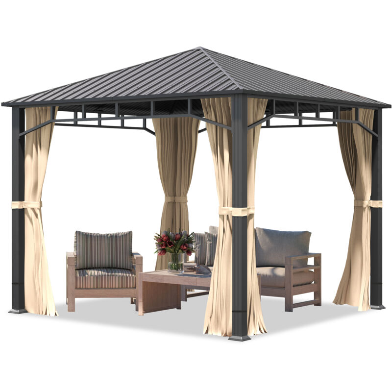 Toolport Hardtop Garden Gazebo 3x3 M With Steel Roof And Aluminium Frame - 4 Side Panels In Champagne