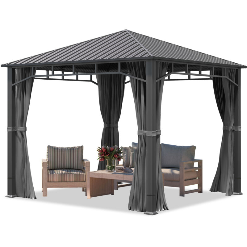 Toolport Hardtop Garden Gazebo 3x3 M With Steel Roof And Aluminium Frame - 4 Side Panels In Grey