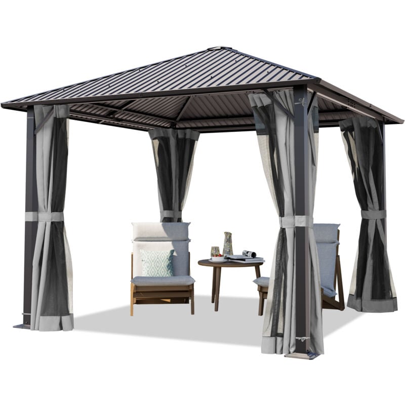 Tonnelle de Jardin 3x3 m avec Toit en Acier - Hardtop Pavillon avec 4 Parois latérales et 4 Moustiquaires en gris - Toolport