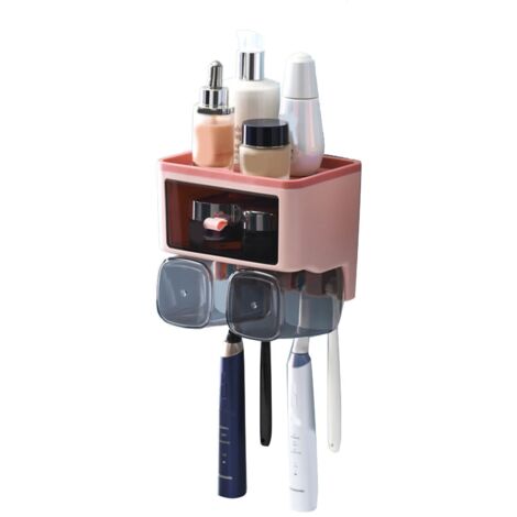Toothbrush Shelf Punch Free Wall Mounted Mouthwash Cup Holder Toilet Storage Rack Pink 2 Cups