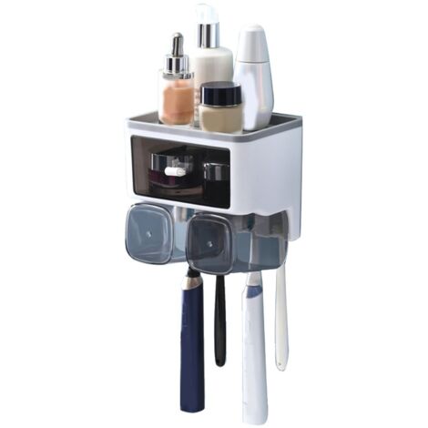 Toothbrush Shelf Punch Free Wall Mounted Mouthwash Cup Holder Toilet Storage Rack White 2 Cups