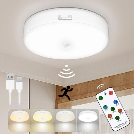 TOOWELL Lampe plafond rechargeable piles, détecteur mouvement + télécommande, 5 luminosités 4 couleurs réglables