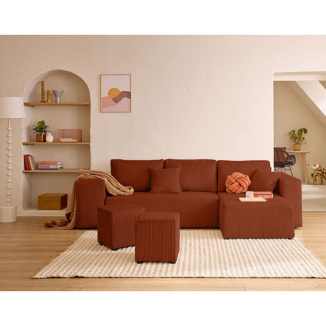 Topaze - 4-sitzer ecksofa beidseitig montierbar - schlaffunktion und bettkasten, tablet und poufs - aus cordstoff - terrakotta