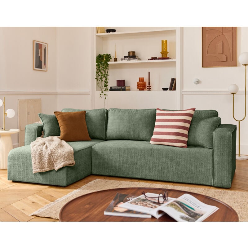 Topaze - canapé d'angle déhoussable réversible 4 places en velours texturé - vert sauge