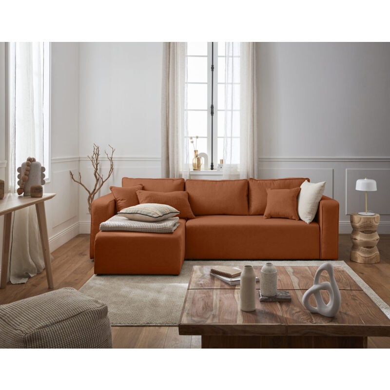 Bestmobilier - Topaze - canapé d'angle réversible - 4 places - convertible avec coffre - en tissu - terracotta