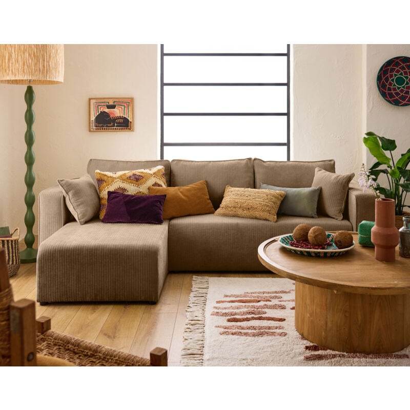 Bestmobilier - Topaze - canapé d'angle réversible - 4 places - convertible avec coffre - en velours côtelé plat - latte