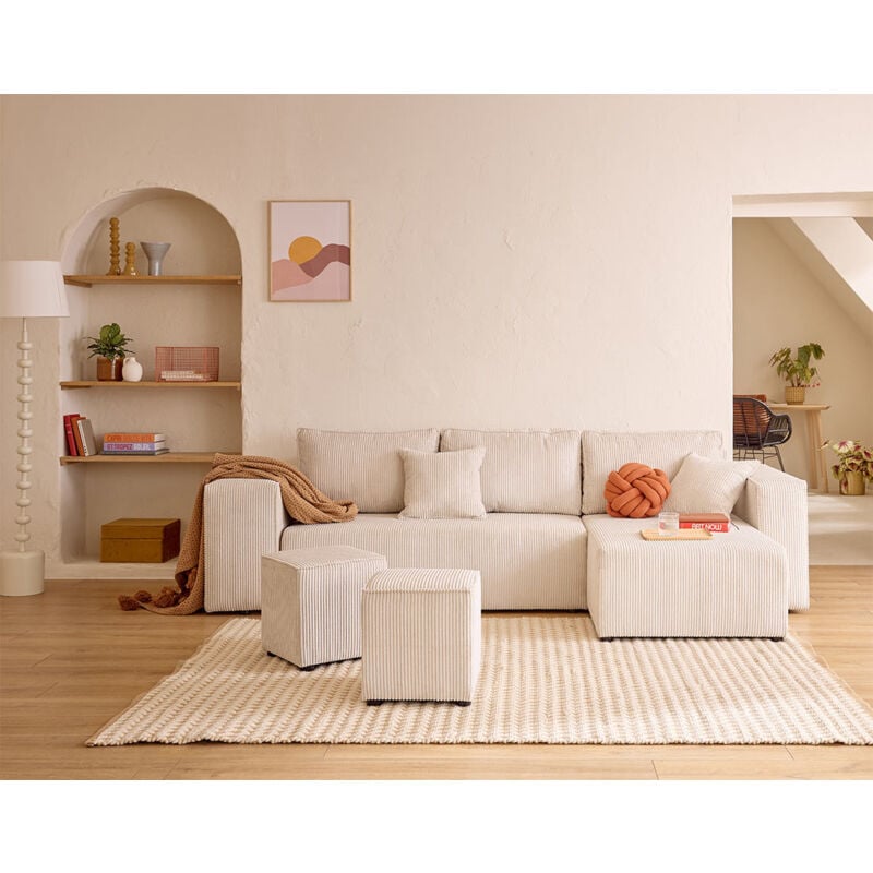 Topaze - canapé d'angle réversible 4 places - convertible avec coffre, tablette et poufs - en velours côtelé