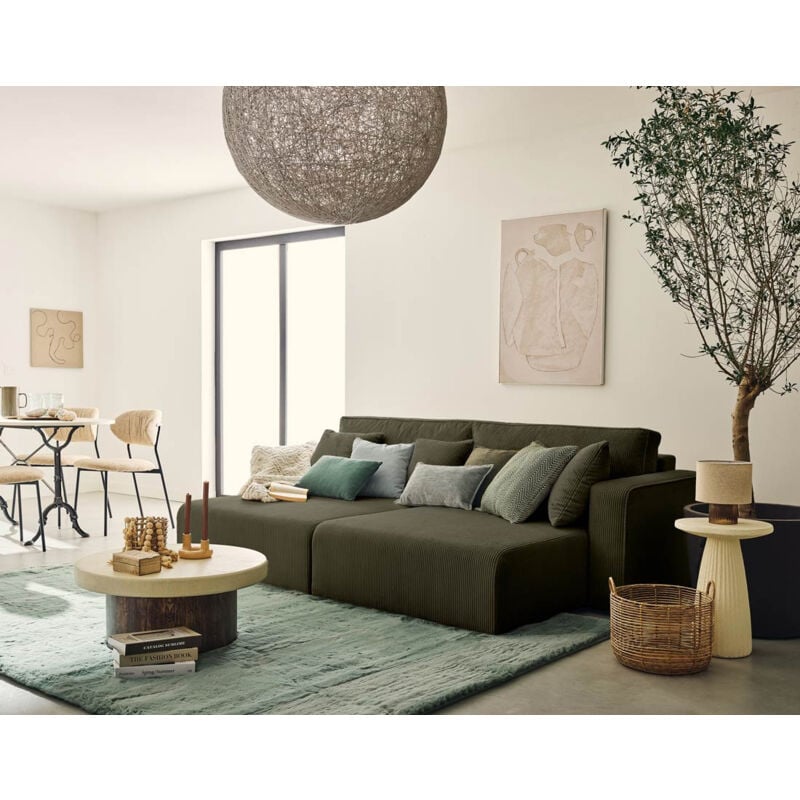 Bestmobilier - Topaze - canapé droit 4 places avec double méridienne - assise profonde - en velours côtelé - vert kaki