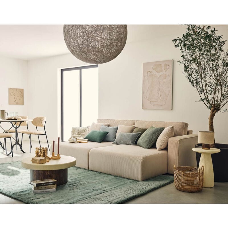 Bestmobilier - Topaze - canapé droit 4 places avec double méridienne - assise profonde - en velours côtelé - beige