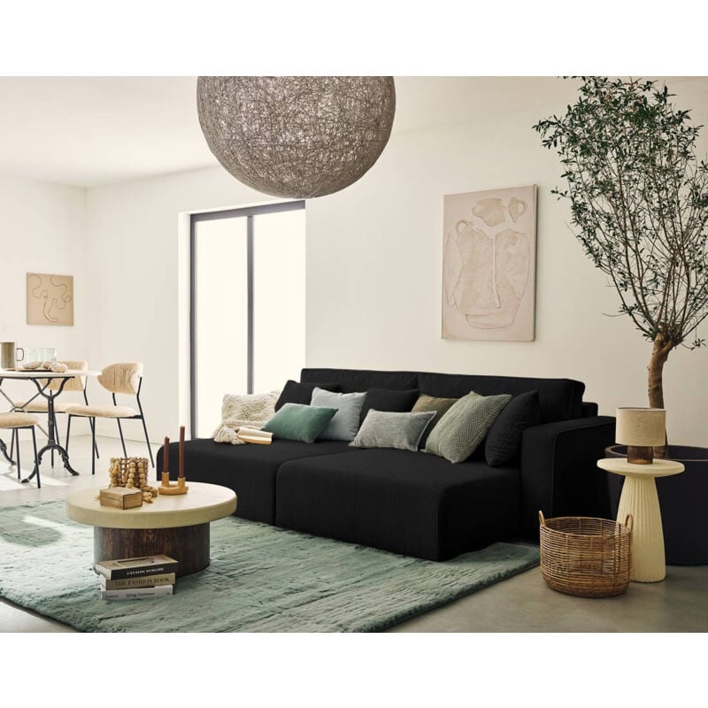 Bestmobilier - Topaze - canapé droit 4 places avec double méridienne - assise profonde - en velours côtelé - noir