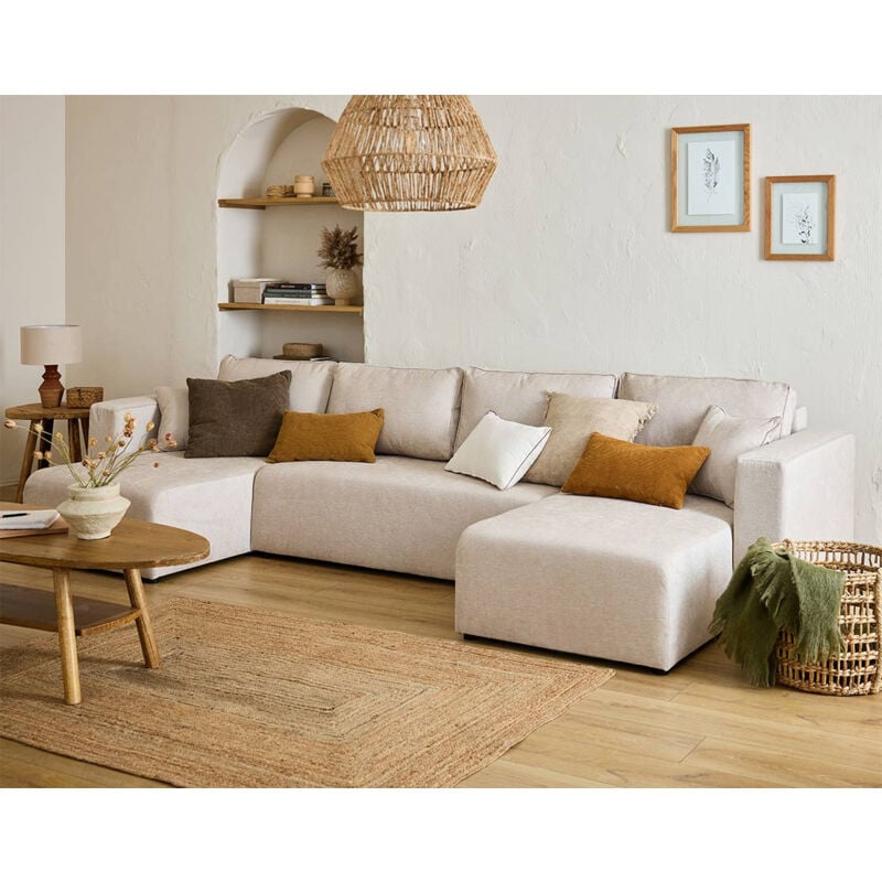 Bestmobilier - Topaze - canapé panoramique - 7 places - convertible avec coffre - en tissu - beige