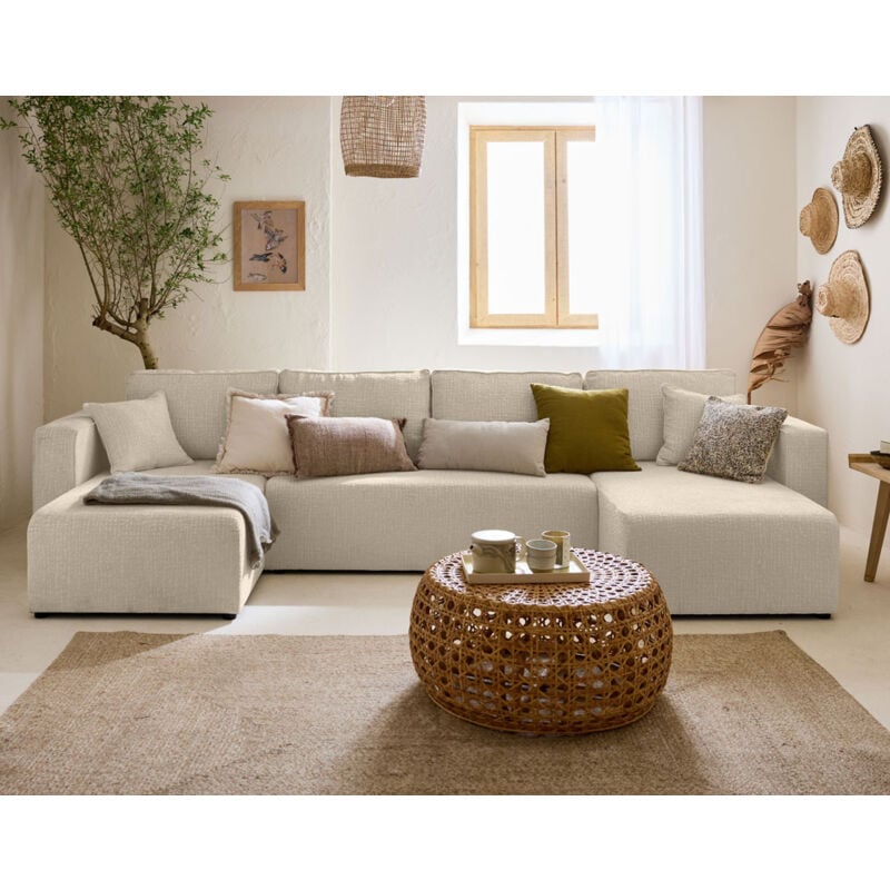 Bestmobilier - Topaze - canapé panoramique en u - 7 places - convertible avec coffre - en tissu velours relief - beige