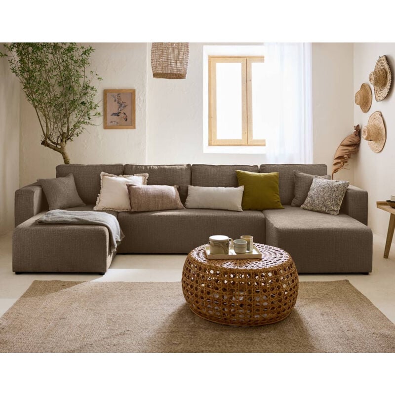 Bestmobilier - Topaze - canapé panoramique en u - 7 places - convertible avec coffre - en tissu velours relief - taupe