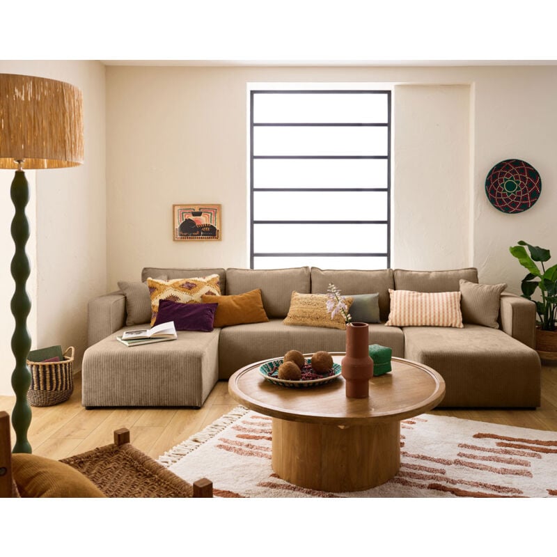 Bestmobilier - Topaze - canapé panoramique en u - 7 places - convertible avec coffre - en velours côtelé plat - latte