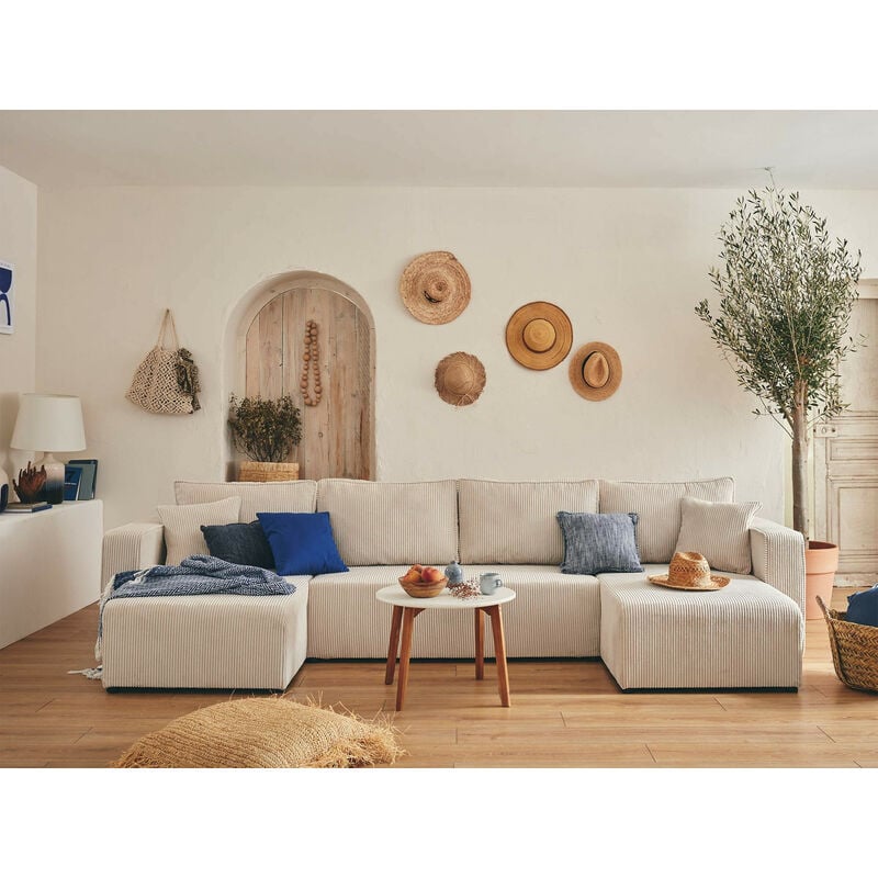 Bestmobilier - Topaze - canapé panoramique en u - 7 places - convertible avec coffre - en velours côtelé - beige