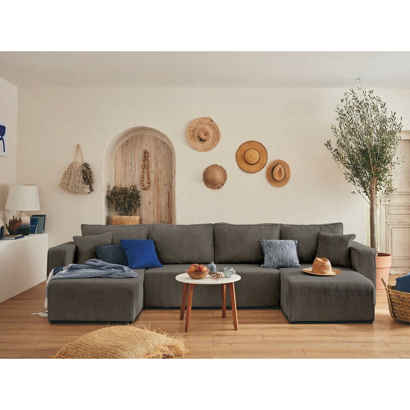 Bestmobilier - Topaze - canapé panoramique en u - 7 places - convertible avec coffre - en velours côtelé