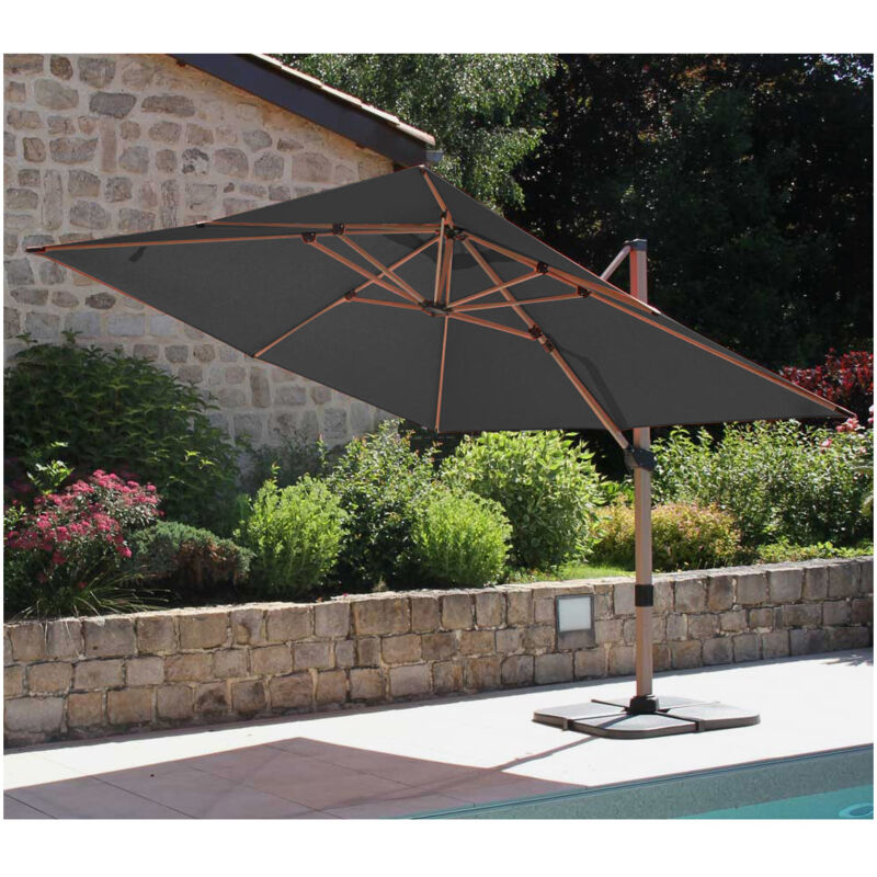 Topaze - Parasol déporté 4x3m - effet bois - gris anthracite