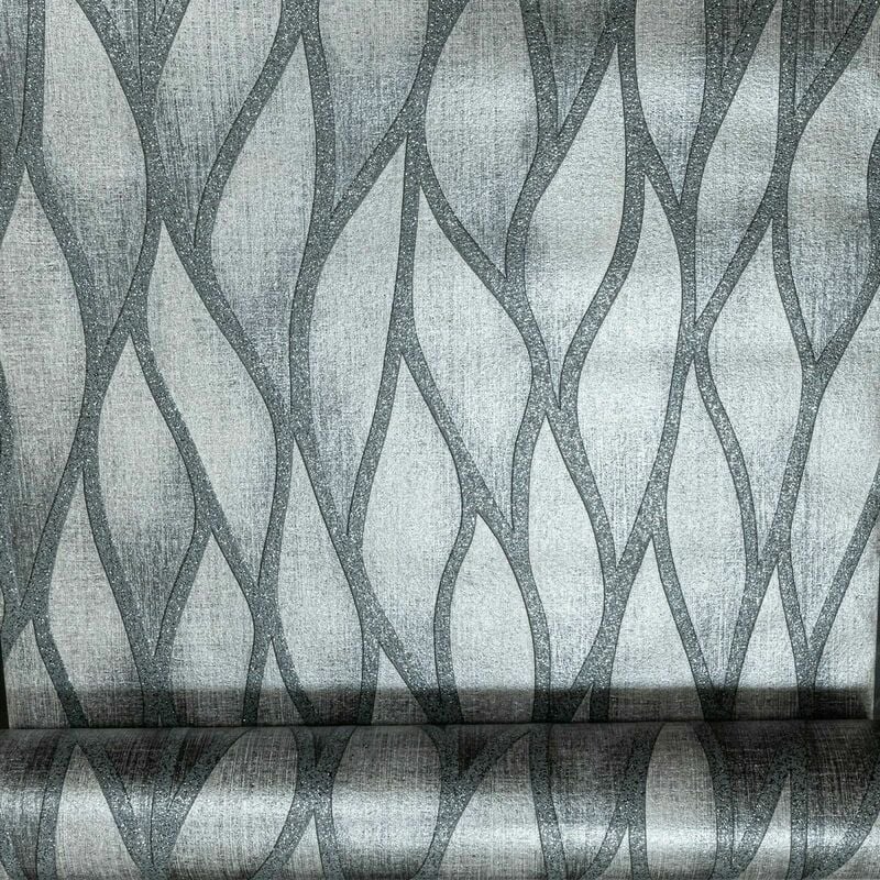 Gravity Charcoal Black Waves Silver Glitter Embossed Textured Vinyl Wallpaper