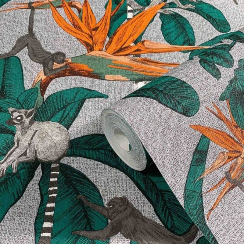 Topchic - Wallpaper Monkey Jungle Leaves Green and Grey Noordwand