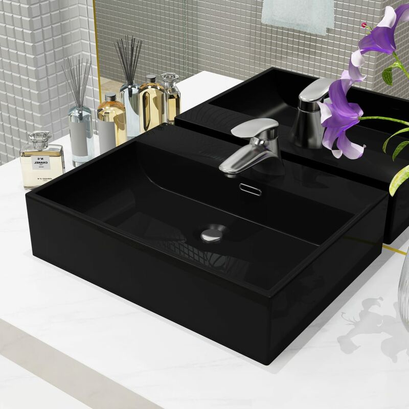 Basin with Faucet Hole Ceramic Black 51.5x38.5x15 cm VDTD04799 - Topdeal