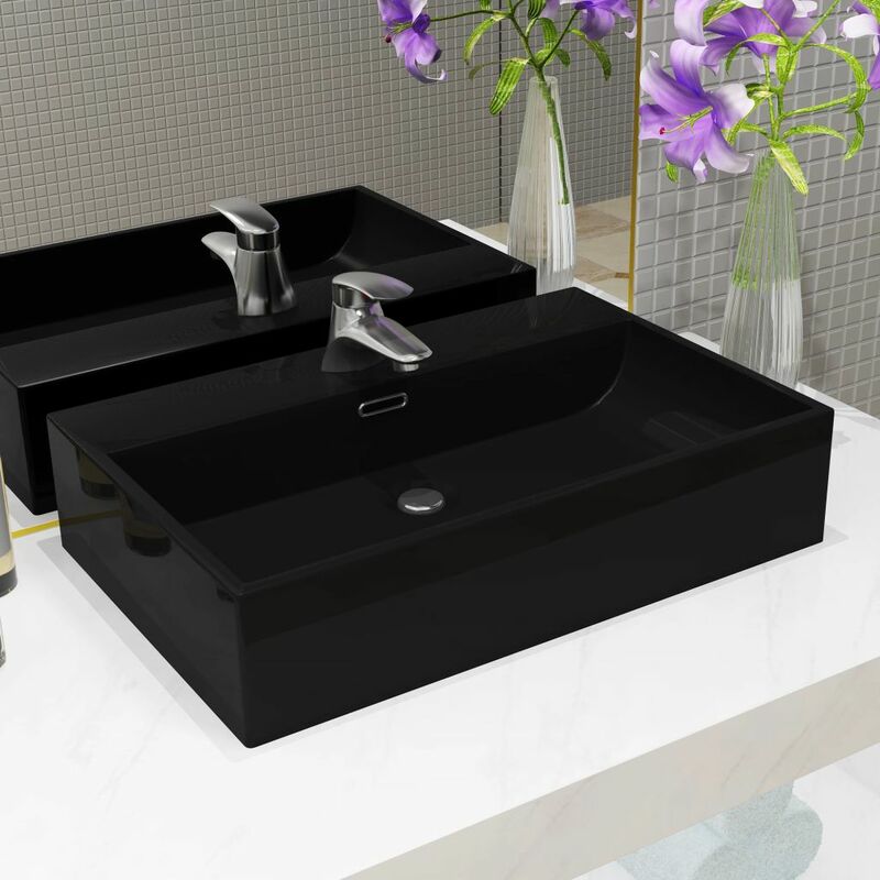 Basin with Faucet Hole Ceramic Black 60.5x42.5x14.5 cm VDTD04800 - Topdeal