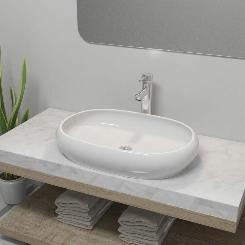 Bathroom Basin with Mixer Tap Ceramic Oval White VDTD18391 - Topdeal