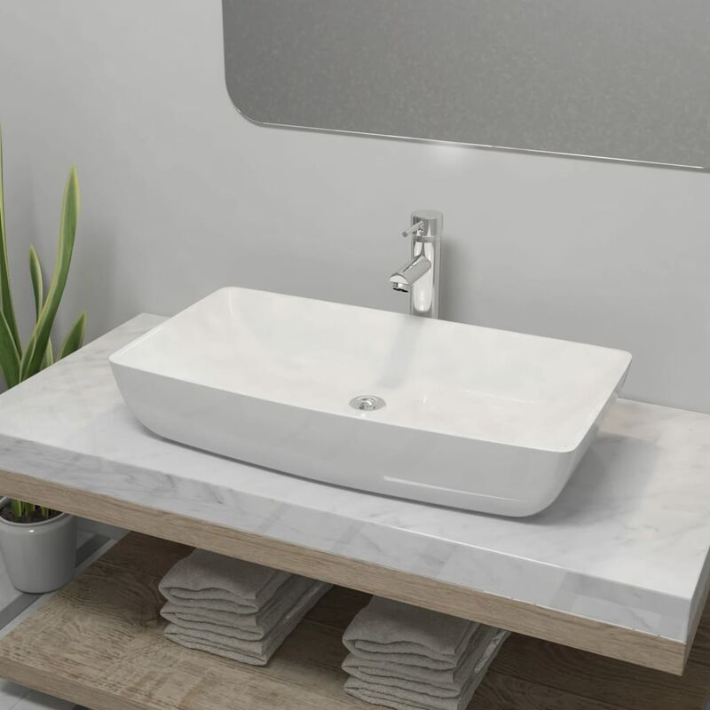 Bathroom Basin with Mixer Tap Ceramic Rectangular White VDTD18388 - Topdeal