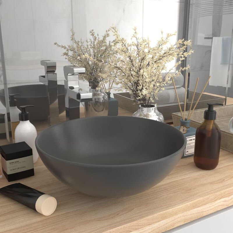 Topdeal Bathroom Sink Ceramic Dark Grey Round FF146983_UK