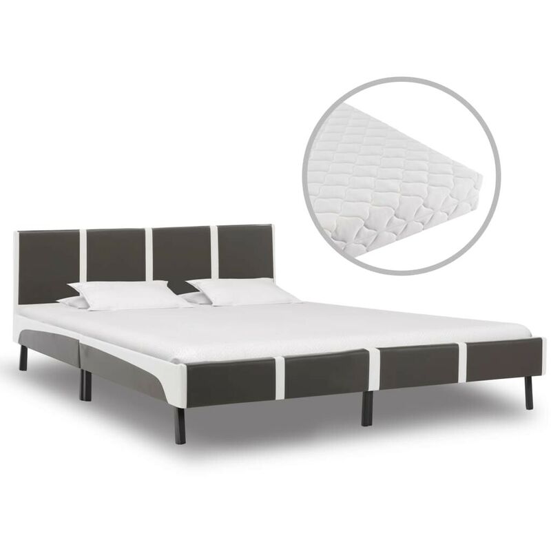 Topdeal - Bett mit Matratze Grau und Weiß Kunstleder 160 x 200 cm 20198