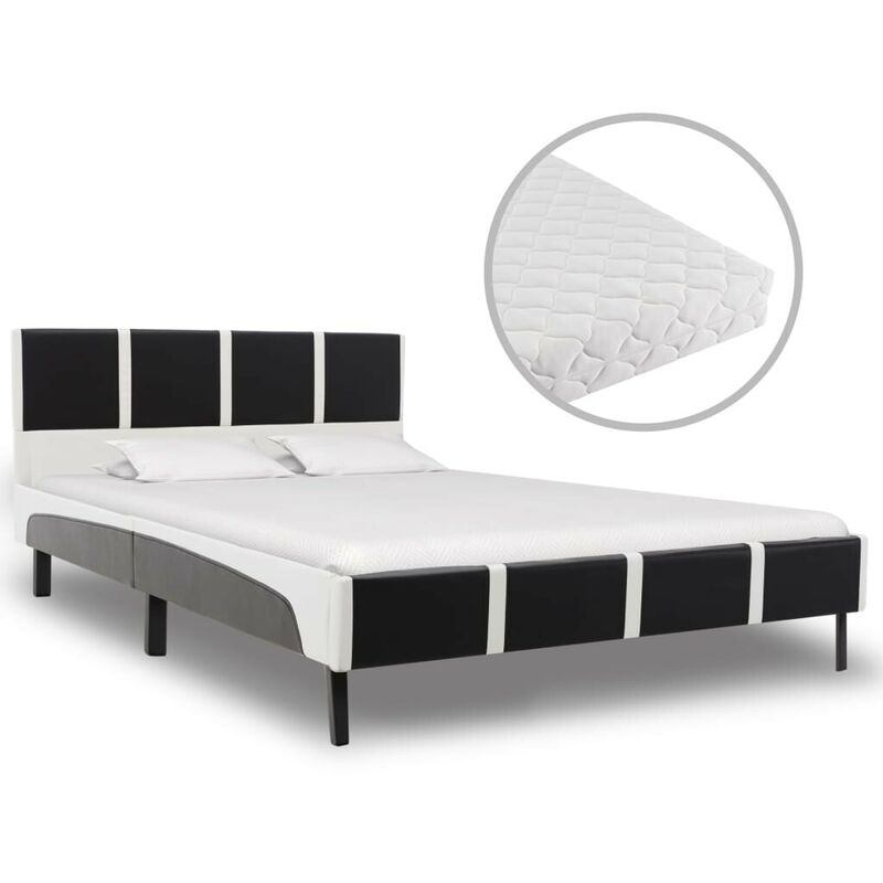 Topdeal Bett mit Matratze Schwarz und Weiß Kunstleder 140 x 200 cm 20192