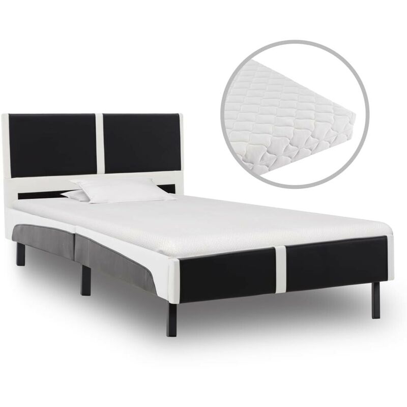 Bett mit Matratze Schwarz und Weiß Kunstleder 90 x 200 cm 20190 - Topdeal
