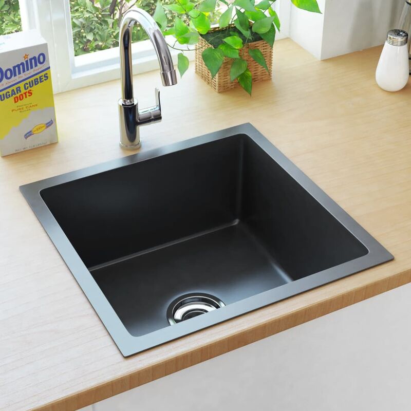 Handmade Kitchen Sink with Strainer Black Stainless Steel FF145083_UK - Topdeal