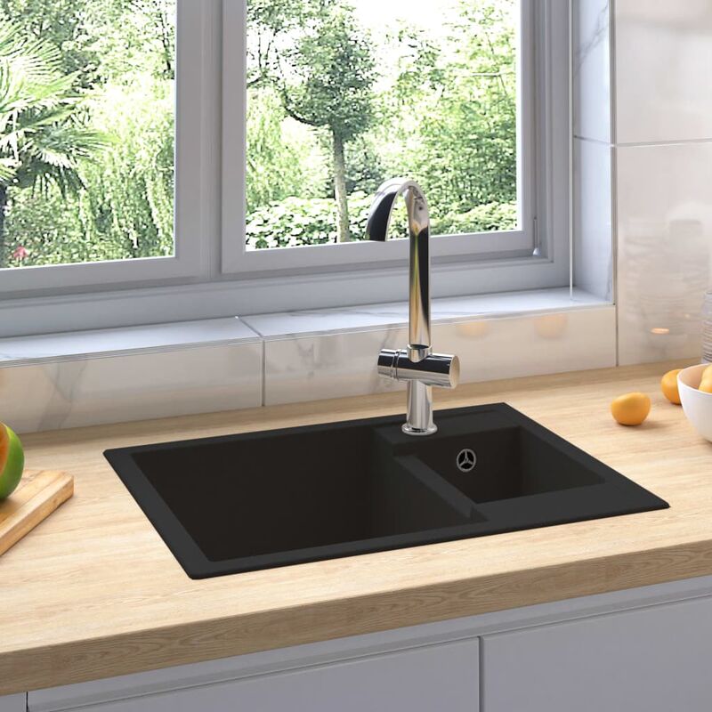 Kitchen Sink with Overflow Hole Double Basins Black Granite FF147085_UK - Topdeal