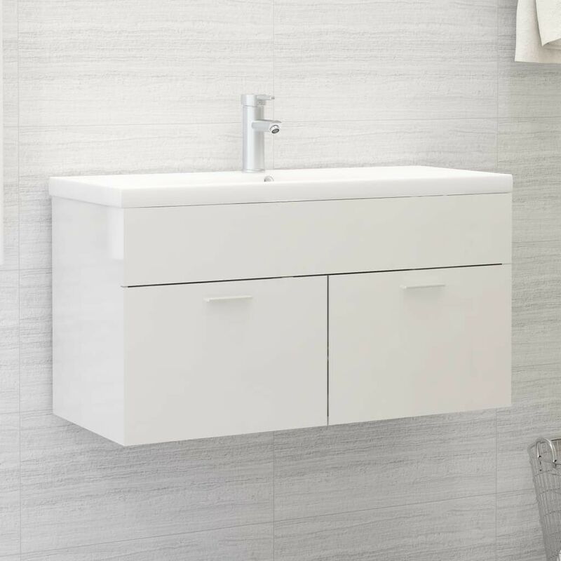 Sink Cabinet High Gloss White 90x38.5x46 cm Chipboard FF804671UK - Topdeal