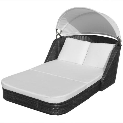 Topdeal Sonnenliege mit Baldachin Poly Rattan Schwarz VDFF26779DE
