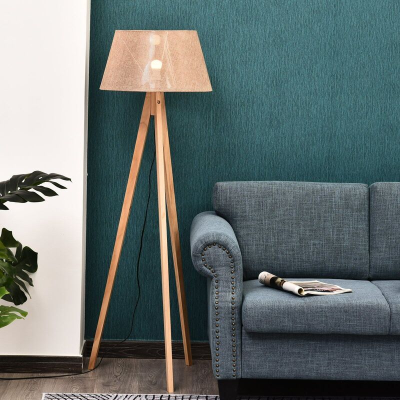 Topdeal Stehlampe Tripod Schlafzimmer Standleuchte Stehleuchte 40W Holz&Leinen beige 52 x 52 x 146cm FFWQASB31-104