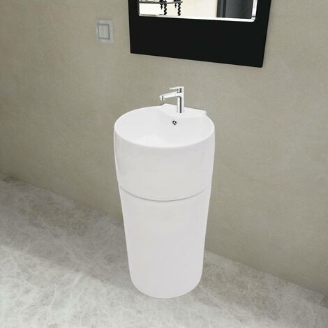 Topdeal Vasque à trou de trop-plein/robinet céramique Blanc pour salle de bain