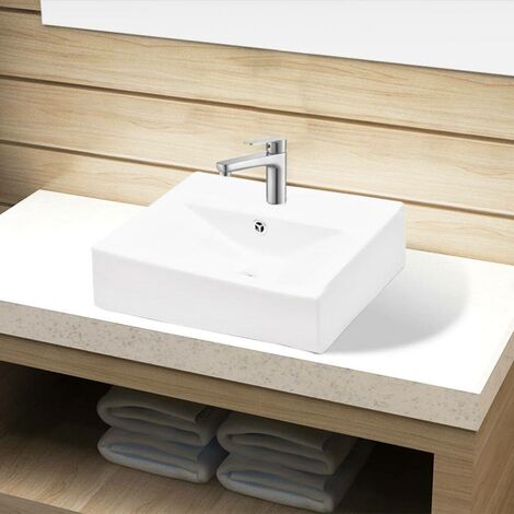 Topdeal Vasque à trou de trop-plein/robinet céramique pour salle de bain Blanc