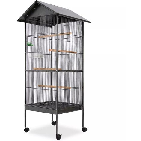 Topdeal Vogelkäfig mit Dach Stahl Schwarz 66x66x155 cm VDFF06967DE